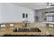 Close-up of a granite countertop with a stainless steel dual sink and faucet, highlighting kitchen details at 18677 Milton Keynes Ct, Land O Lakes, FL 34638