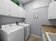 Convenient laundry room with overhead cabinets, modern appliances, and attractive countertops at 2908 89Th E Ave, Parrish, FL 34219