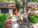 Inviting exterior with mature trees, lush landscaping, and a red front door at 2953 Yucca Ct, Palm Harbor, FL 34684