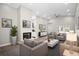 Stylishly decorated living room with a fireplace, modern furniture, and hardwood flooring at 13613 Laraway Dr, Riverview, FL 33579