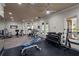 Well-lit fitness center with weightlifting and cardio equipment, ceiling fans, and access to a serene view at 19101 Marisa Ridge Pl, Tampa, FL 33647
