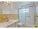 Retro bathroom with a glass-enclosed shower, large vanity and an oversized mirror with vanity lighting at 2071 Australia W Way # 59, Clearwater, FL 33763