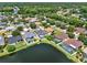 Scenic aerial view showcases homes with screened-in pools along a serene lake, surrounded by mature trees at 25330 Conestoga Dr, Land O Lakes, FL 34639