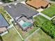 Aerial view of backyard featuring a screened-in pool, surrounded by well-maintained lawn and white fence at 25330 Conestoga Dr, Land O Lakes, FL 34639
