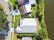 Lakeside home showcases manicured lawn, mature trees and waterfront living, from an aerial view at 3238 Cullendale Dr, Tampa, FL 33618