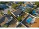 Aerial view of backyard featuring pool, deck, shed, and lush landscaping at 5036 Glenhurst Ln, New Port Richey, FL 34653