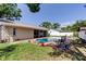 Backyard oasis featuring a pool area with patio and green lawn, complete with carefully chosen landscaping and privacy features at 1041 Persimmon Dr, Palm Harbor, FL 34683