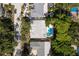 Overhead aerial view highlighting a home with a private pool and mature trees in a residential area at 1152 Jackmar Rd, Dunedin, FL 34698