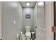 Compact powder room with toilet, toilet paper holder, and small trash can at 11707 Sunburst Marble Rd, Riverview, FL 33579