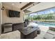 Outdoor patio area with a fire table, outdoor tv, and a view of the pool at 19837 Lonesome Pine Dr, Land O Lakes, FL 34638