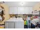 Bright laundry room includes washer, dryer, storage cabinets, and space for cleaning supplies at 2221 Swedish Dr # 55, Clearwater, FL 33763