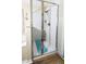 Shower stall with blue rug and glass doors at 2604 Clareside Dr, Valrico, FL 33596