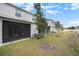 Spacious backyard featuring a screened patio area and lush green lawn; perfect for outdoor living at 32803 Pez Landing Ln, Wesley Chapel, FL 33543