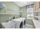 Laundry room with new appliances, storage shelves, and light green walls at 3434 St Ives Blvd, Spring Hill, FL 34609