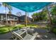Inviting backyard with a turquoise sunshade, lounge chairs, and tropical greenery at 4610 Cypress S Way, St Petersburg, FL 33705