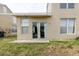 Backyard view with sliding glass doors leading into the home at 6260 Olivedale Dr, Riverview, FL 33578