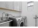 Well-equipped laundry room with modern washer and dryer, ample cabinet space, and a convenient utility sink at 916 Seagrape Dr, Ruskin, FL 33570