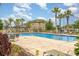 Community pool and deck area with ample seating, palm trees, and clear blue water at 10036 Crested Fringe Dr, Riverview, FL 33578