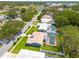 Aerial view of neighborhood with tree lined streets, houses, and fenced in pools at 1101 Mclean St, Dunedin, FL 34698