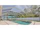 Large screened-in pool with mature trees and an enclosed backyard at 1101 Mclean St, Dunedin, FL 34698
