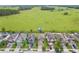 Panoramic drone shot of a neighborhood bordering a large green pasture at 11871 Crestridge Loop, Trinity, FL 34655