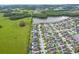 High angle drone image shows homes nestled near a lake and lush greenery at 11871 Crestridge Loop, Trinity, FL 34655