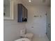 Modern bathroom featuring a toilet, a walk-in shower, and a vanity with a sink and storage cabinet at 1450 Palmetto St, Clearwater, FL 33755