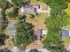 Aerial view shows houses with pools and fenced yards, shaded by mature trees, near a street with sidewalks at 18902 Spring Hollow Dr, Lutz, FL 33559