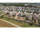 Scenic aerial shot showcasing a well-planned residential neighborhood with sidewalks, diverse home styles, and lush landscaping at 34855 Daisy Meadow Loop, Zephyrhills, FL 33541