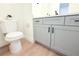 Bathroom featuring a toilet, a gray vanity with black hardware at 3707 Orangepointe Rd, Valrico, FL 33596
