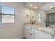 Bathroom with a double sink vanity, granite countertops, and plenty of natural light at 5008 Southshore Dr, New Port Richey, FL 34652