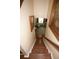 View down wooden stairs, featuring walls with artwork and a glimpse into the living room at 7120 Early Gold Ln, Riverview, FL 33578
