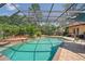 Screened-in pool area featuring a brick pool deck, a spa and lush landscaping creating a private backyard oasis at 7353 Dogwood Cres, Spring Hill, FL 34607