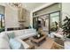Stylish outdoor living space with a modern sectional, outdoor kitchen, and a relaxing hanging chair at 8434 Dunham Station Dr, Tampa, FL 33647