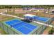Overhead view of community pickleball courts with green and blue playing surface at 12950 Pasture Woods Pl, Lithia, FL 33547