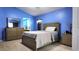 Bedroom with blue walls features carpet, natural wood furnishings and walk in bath at 13653 Artesa Bell Dr, Riverview, FL 33579