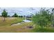 Beautiful backyard with lush landscaping and serene pond at 1853 Hovenweep Rd, Wesley Chapel, FL 33543