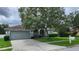 Charming single-story home featuring a well-manicured lawn, mature tree, and gray siding with an attached two-car garage at 29042 Rivergate Run, Wesley Chapel, FL 33543