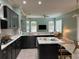 Open-concept kitchen with dark cabinets, quartz countertops, stainless steel appliances, and seamless flow to the living area at 29042 Rivergate Run, Wesley Chapel, FL 33543