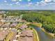 Aerial image of neighborhood homes near a lake with mature trees and blue sky above at 30327 Lettingwell Cir, Wesley Chapel, FL 33543