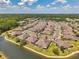 Beautiful aerial view of homes in a lakeside community with well-maintained landscaping and blue skies at 30327 Lettingwell Cir, Wesley Chapel, FL 33543