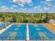 Aerial view of two well-maintained community basketball courts with blue surfacing at 30327 Lettingwell Cir, Wesley Chapel, FL 33543