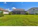Spacious backyard featuring a screened-in lanai and room for entertaining at 34084 Torrent Ln, Wesley Chapel, FL 33543