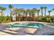 Inviting spa with tiered steps and a railing, surrounded by lush greenery and comfortable seating at 34084 Torrent Ln, Wesley Chapel, FL 33543