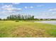 Expansive green backyard with lush grass, a serene pond, and mature trees at 5670 Shorebird Br, Land O Lakes, FL 34638