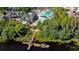 Stunning aerial view of lakefront property with pool, clubhouse, and private dock access at 7031 Kendall Heath Way, Land O Lakes, FL 34637