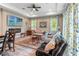 Inviting living room with a fireplace, large screen tv, cozy seating, and a tray ceiling at 7340 West Dr, Wesley Chapel, FL 33544