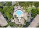 Overhead view of a community pool surrounded by palm trees, lounge chairs, and meticulously landscaped grounds at 736 Coral Reef Dr, Tampa, FL 33602