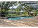Screened-in pool area with jacuzzi, brick paving, lounge furniture, and view of the backyard at 15704 Mifflin Ct, Tampa, FL 33647