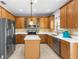 Well-equipped kitchen featuring stainless steel appliances, a center island, and wooden cabinetry at 1858 Mira Lago Cir, Ruskin, FL 33570